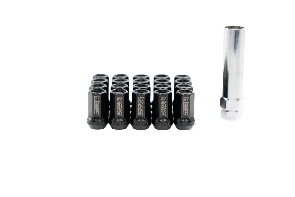 Megan Racing Universal 35mm Heptagon Lug Nuts M12x1.25 (20 + 1 Key) Black Open-Ended