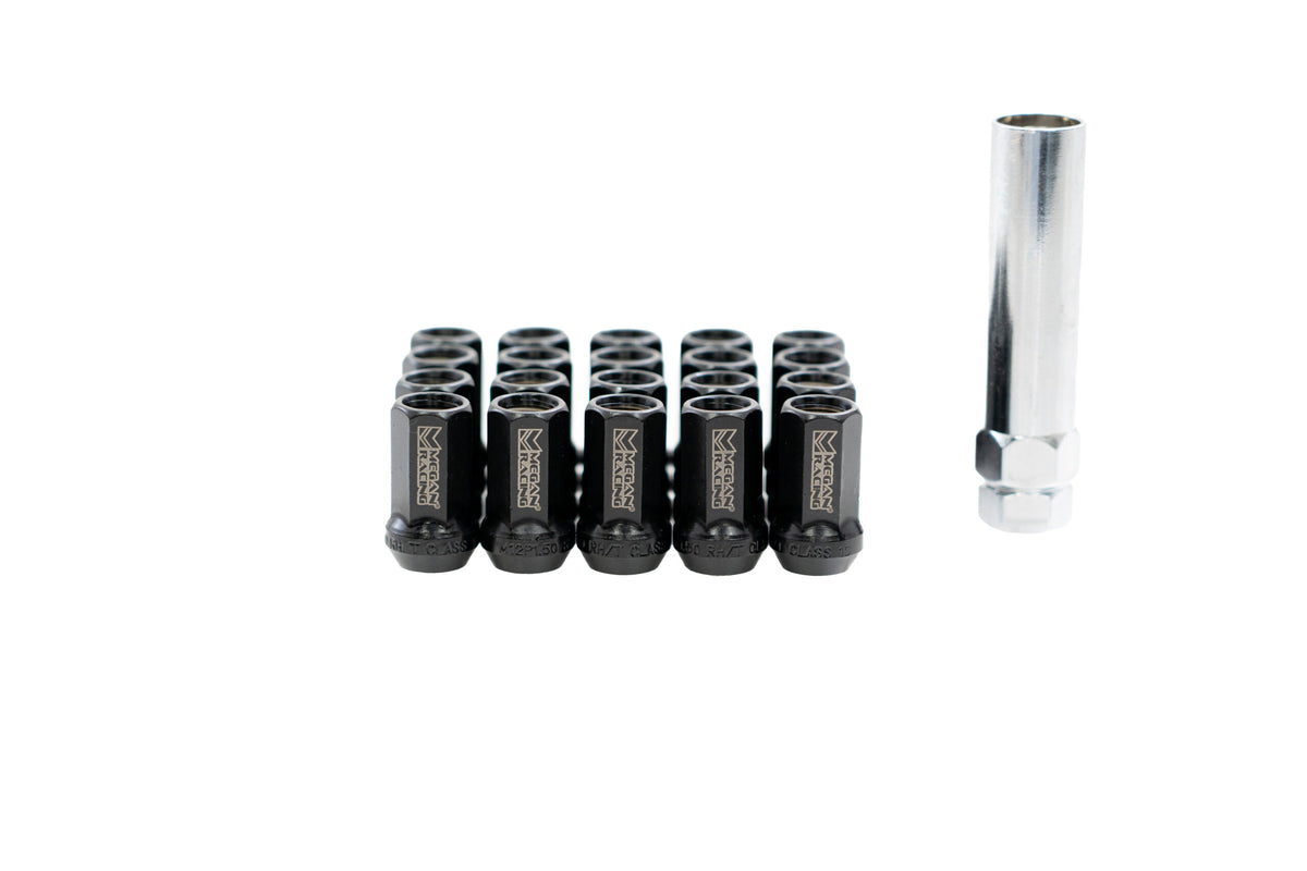 Megan Racing Universal 35mm Heptagon Lug Nuts M12x1.25 (20 + 1 Key) Black Open-Ended