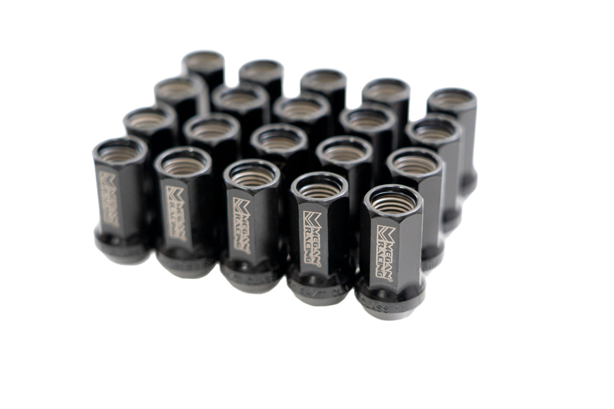 Megan Racing Universal 35mm Heptagon Lug Nuts M12x1.5 (20 + 1 Key) Black Open-Ended