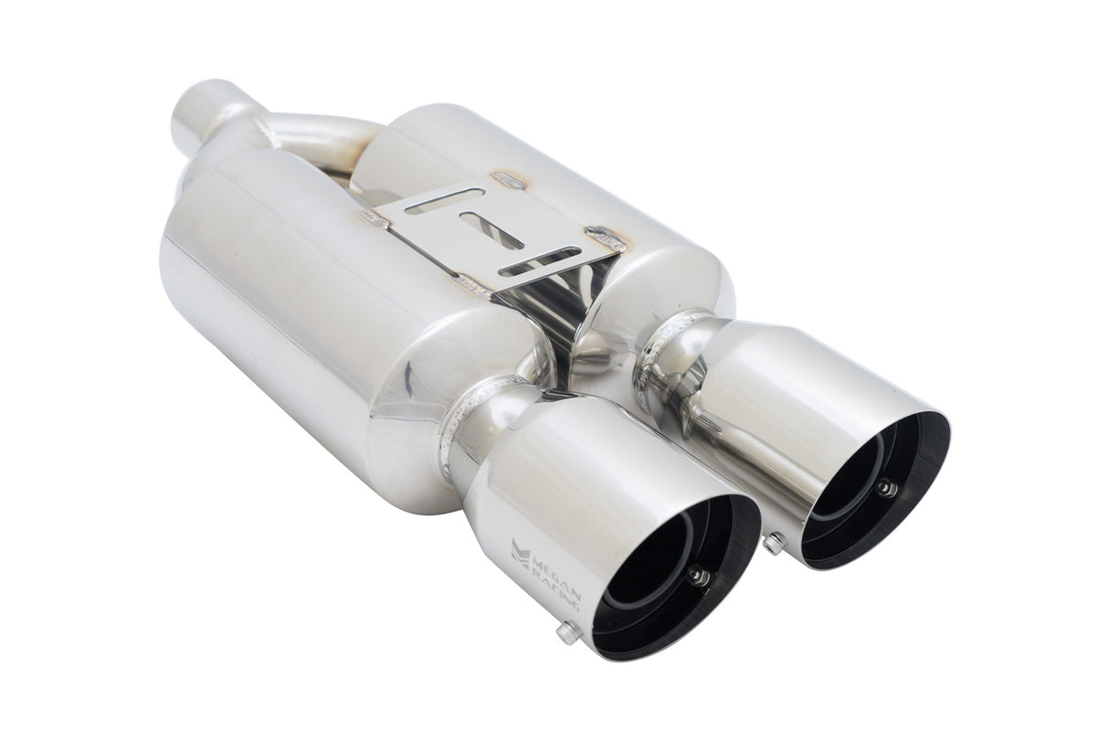 Megan Racing Dual 4" tips, 2.25" inlet, total length 24" and body width 10"