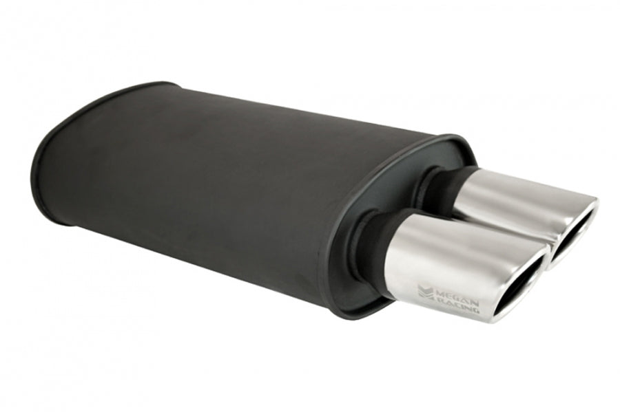 Megan Racing 2.5" Inlet 3.5"x2.5" Dual Oval Stainless Steel Tips, Black Canister